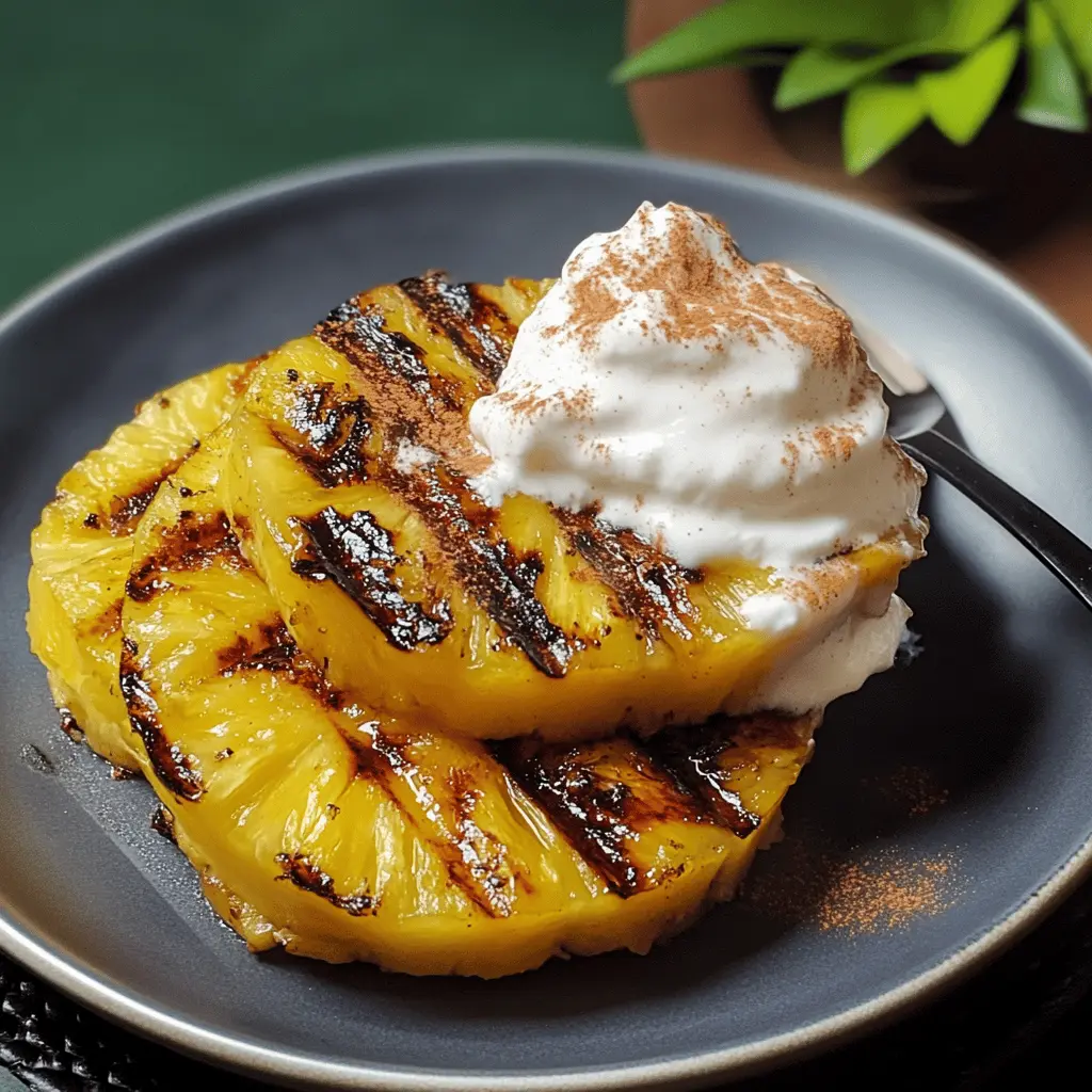 Sweet and juicy grilled pineapple topped with luscious coconut cinnamon whipped cream creates a perfect dessert for any occasion! This delightful combination of tropical flavors is not only refreshing but also irresistibly easy to make. Whether it's for a summer BBQ or a cozy family dinner, save this recipe for a treat everyone will love!