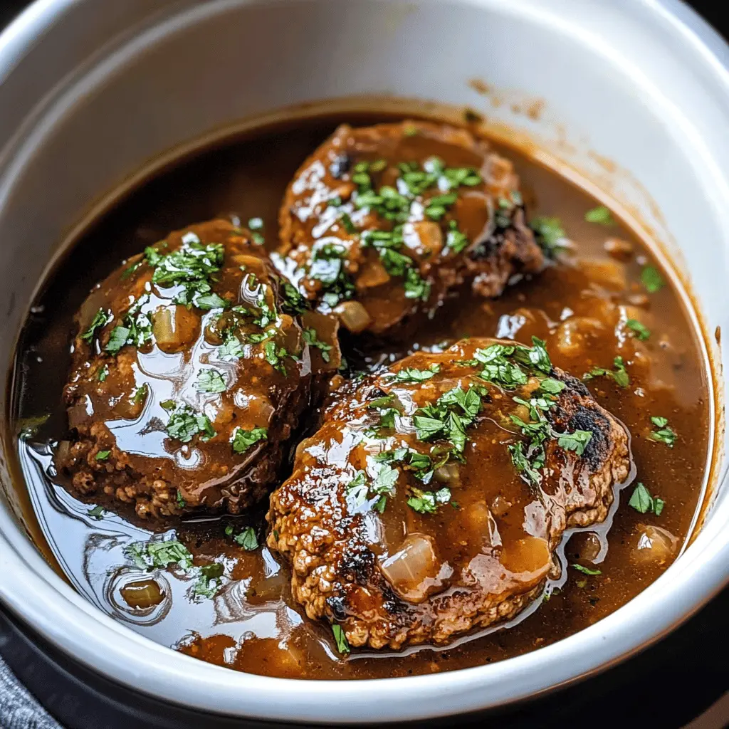 Transform your dinner routine with this simple Slow Cooker Salisbury Steaks recipe! This dish features tender beef patties smothered in a rich, savory mushroom gravy. Perfect for busy weeknights or cozy family gatherings, it's a one-pot meal that delivers comfort in every bite. Save this recipe for your next family dinner or a stress-free meal prep!